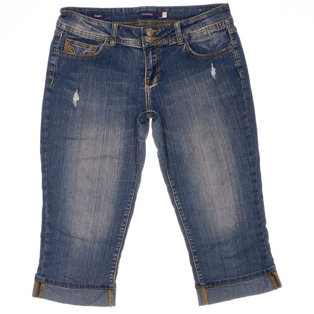 Vigoss Capri Jeans Juniors 7 Low Rise Distressed Cuffed Blue Denim Stretch 32x19